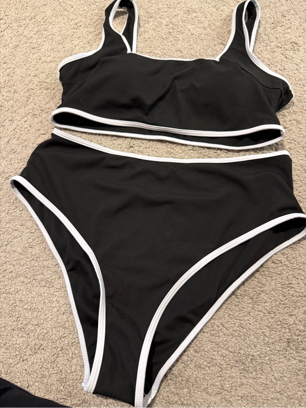 Black High-Waist Bikini Set with White Trim - Women Swim